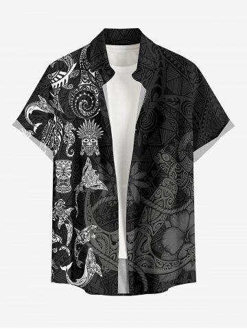 Chemise hawaïenne grande taille pour homme, avec masque, motif ethnique poisson, papillon, hippocampe, boutons et poche. - BLACK - 3XL