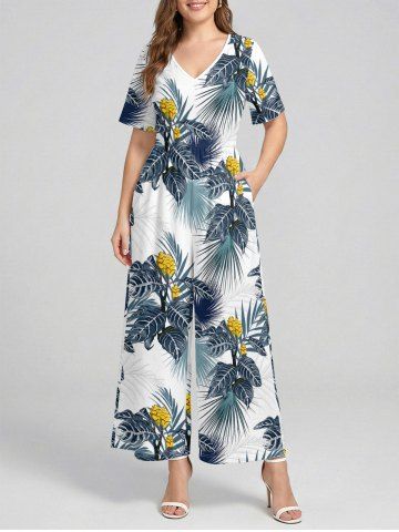 Combinaison hawaïenne à imprimé floral tropical et feuilles, col en V et jambes larges - DEEP BLUE - 3XL