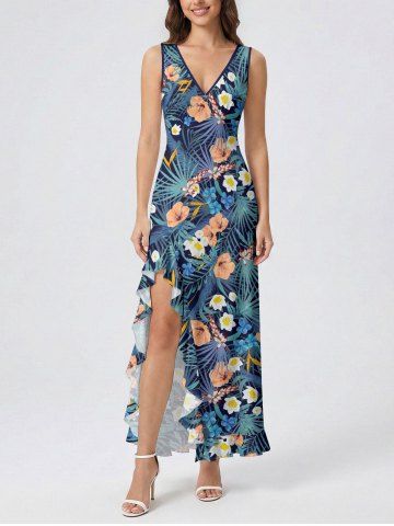 Robe hawaïenne à volants, fente et décolleté cache-cœur, imprimée de feuilles tropicales et de fleurs d'hibis - DEEP BLUE - XS