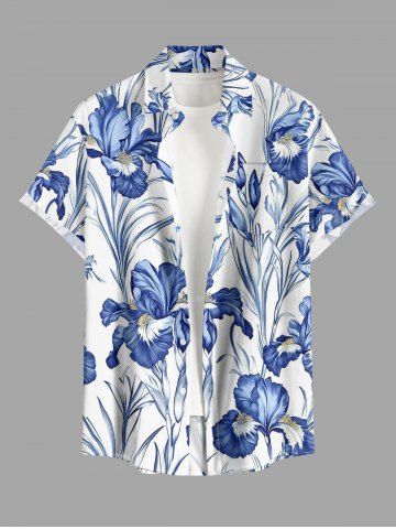 Chemise hawaïenne grande taille pour homme, à imprimé iris et feuilles, boutons et poche. - BLUE - 6XL