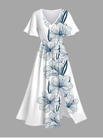 Robe mi-longue hawaïenne fendue à imprimé hibiscus grandes tailles - WHITE - 2X