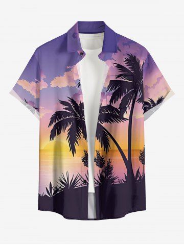 Chemise hawaïenne grande taille pour homme, imprimé ombré cocotier, nuage et soleil, boutons et poche. - PURPLE - 6XL