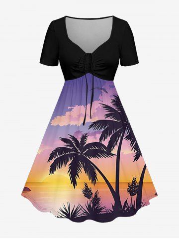 Robe hawaïenne grande taille à imprimé ombré cocotier, nuage et soleil, cintrée - PURPLE - M