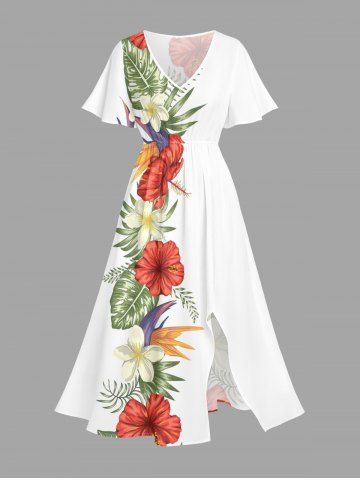 Robe midi trapèze grande taille à imprimé floral tropical et hibiscus, style hawaïen, avec poches fendues - WHITE - 2X