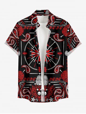 Plus Size Skull Paisley Scarf Graphic Print Button Pocket Shirt For Men - RED - S