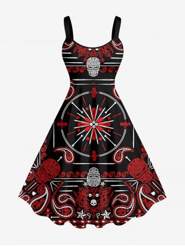 Plus Size Skull Paisley Scarf Graphic Print A Line Dress - RED - XXS