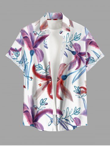 Plus Size Flower Leaf Branch Print Hawaii Button Pocket Shirt For Men - WHITE - 3XL