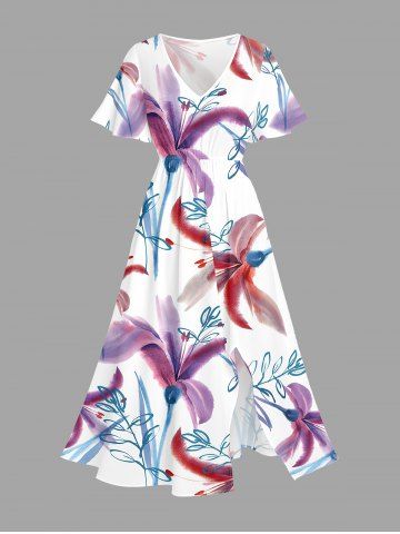 Plus Size Flower Leaf Branch Print Hawaii Split Pocket A Line Midi Dress