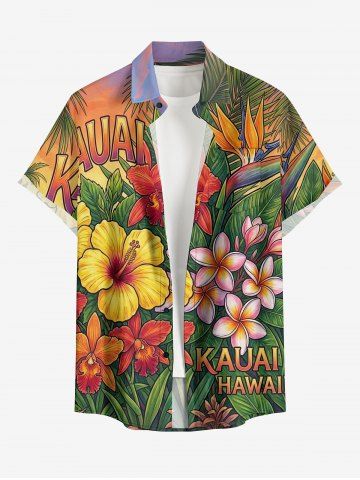 Plus Size Tropical Leaf Hibiscus Flower Letter Print Hawaii Button Pocket Shirt For Men - ORANGE - L