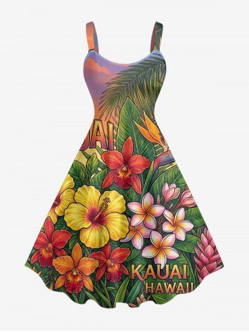 Plus Size Tropical Leaf Hibiscus Flower Letter Print Hawaii A Line Dress