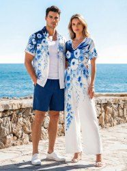 Ensemble de plage hawaïen assorti grande taille à imprimé fleurs et feuilles pour couples - Bleu 