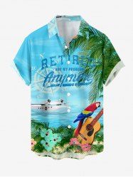 Chemise hawaïenne grande taille pour homme, à imprimé fleurs, cocotier, perroquet, guitare, paysage marin et hors-bord, boutons et poche. - Bleu Ciel 6XL