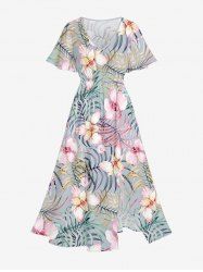 Robe midi hawaïenne fendue à imprimé floral tropical grande taille - Gris Foncé 6X