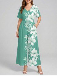 Hibiscus Flowers Leaf Print V Neck Hawaii Wide Leg Jumpsuit - Vert clair S