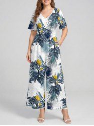 Combinaison hawaïenne à imprimé floral tropical et feuilles, col en V et jambes larges - Bleu profond XL