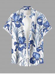 Iris Flower Leaf Print Buttons Pocket Hawaii Shirt For Men -  