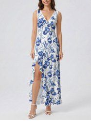 Iris Flower Leaf Print Hawaii Ruffles Split Surplice Dress -  