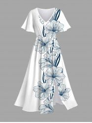 Robe mi-longue hawaïenne fendue à imprimé hibiscus grandes tailles - Blanc L