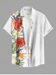 Chemise à poches boutons grande taille pour homme, imprimée de fleurs d'hibiscus et de feuilles tropicales, style hawaïen. - Blanc L
