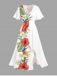 Robe midi trapèze grande taille à imprimé floral tropical et hibiscus, style hawaïen, avec poches fendues - Blanc XS