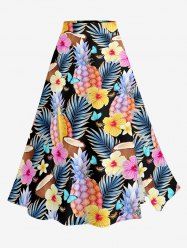 Jupe trapèze fendue hawaïenne à imprimé feuilles tropicales, hibiscus, ananas et noix de coco, grande taille - Multi 1X