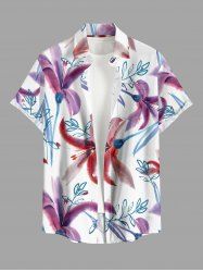 Plus Size Flower Leaf Branch Print Hawaii Button Pocket Shirt For Men - Blanc L