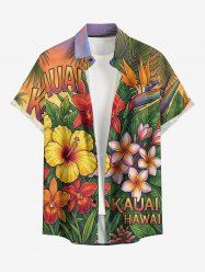 Plus Size Tropical Leaf Hibiscus Flower Letter Print Hawaii Button Pocket Shirt For Men - Orange 4XL