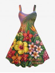 Tropical Leaf Hibiscus Flower Letter Print Hawaii A Line Dress -  