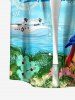 Chemise hawaïenne grande taille pour homme, à imprimé fleurs, cocotier, perroquet, guitare, paysage marin et hors-bord, boutons et poche. - Bleu Ciel 6XL