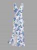 Iris Flower Leaf Print Hawaii Ruffles Split Surplice Dress -  