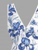 Iris Flower Leaf Print Hawaii Ruffles Split Surplice Dress -  