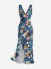 Robe hawaïenne à volants, fente et décolleté cache-cœur, imprimée de feuilles tropicales et de fleurs d'hibis - Bleu profond XS