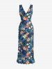 Robe hawaïenne à volants, fente et décolleté cache-cœur, imprimée de feuilles tropicales et de fleurs d'hibis - Bleu profond XS