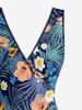 Robe hawaïenne à volants, fente et décolleté cache-cœur, imprimée de feuilles tropicales et de fleurs d'hibis - Bleu profond XS