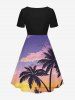Robe hawaïenne grande taille à imprimé ombré cocotier, nuage et soleil, cintrée - Pourpre  XS