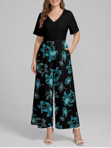 Flower Print Hawaii Wide Leg Jumpsuit - DARK TURQUOISE - XS