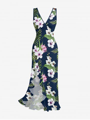 Tropical Leaf Hibiscus Flower Print Hawaii Ruffles Split Dress - DEEP BLUE - M