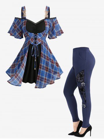 Plaid Print Lace-up Cold Shoulder 2 In 1 Top and Flocking Star Buckle Leggings Plus Size Outfit - BLUE