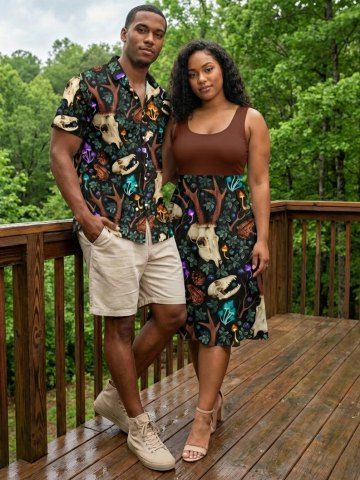 Deer Head Mushroom Floral Print Plus Size Matching Hawaii Beach Outfit For Couples - DEEP RED