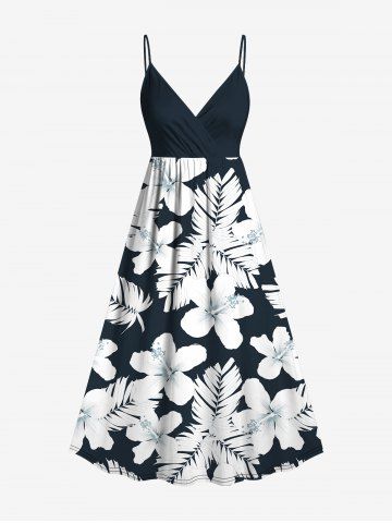 Plus Size Flower Leaf Tropical Print Surplice Hawaii Cami Dress - BLACK - XXS