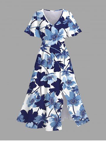 Robe mi-longue hawaïenne fendue à imprimé aquarelle fleurs et feuilles grande taille - BLUE - 2X