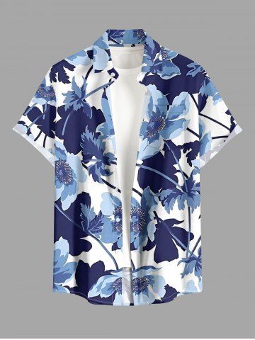 Chemise hawaïenne grande taille pour homme, à imprimé aquarelle de fleurs et de feuilles, boutons et poche. - BLUE - M