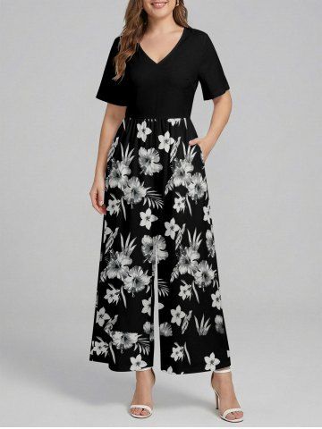 Combinaison hawaïenne à jambes larges et col en V, imprimée de feuilles tropicales et de fleurs d'hibiscus - BLACK - L