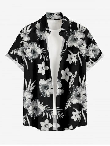 Chemise hawaïenne grande taille pour homme, à imprimé floral tropical et feuilles d'hibiscus, boutons et poche. - BLACK - 4XL