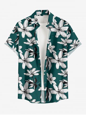 Chemise hawaïenne grande taille à imprimé floral et feuilles, boutons et poche pour homme - DARK TURQUOISE - XL