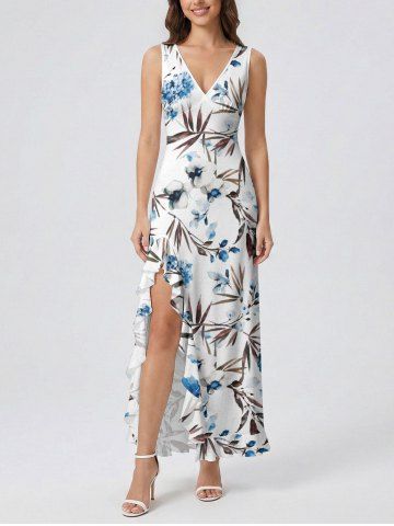 Robe hawaïenne à imprimé floral tropical et feuilles, à volants et fente cache-cœur - WHITE - XS