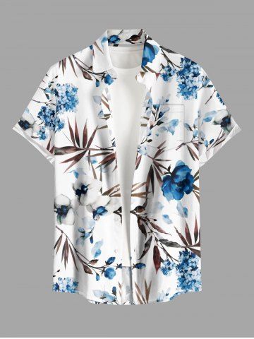 Chemise hawaïenne grande taille pour homme, à imprimé floral tropical et feuilles, boutons et poche. - WHITE - 6XL
