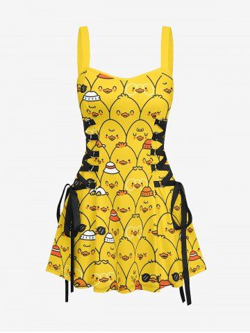 Cartoon Ducks Print Lace Up Hawaii Tank Dress - GOLDEN BROWN - XS