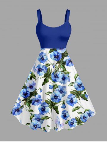 Robe débardeur hawaïenne à imprimé aquarelle de fleurs et de feuilles, grande taille - BLUE - M