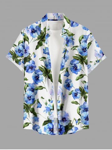 Chemise hawaïenne grande taille pour homme, à imprimé aquarelle de fleurs et de feuilles, boutons et poche. - LAKE BLUE - XL